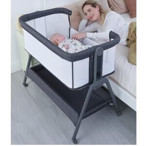 ANGELBLISS Flat Bedside Bassinet w Storage Basket Folding Portable Crib w Wheels